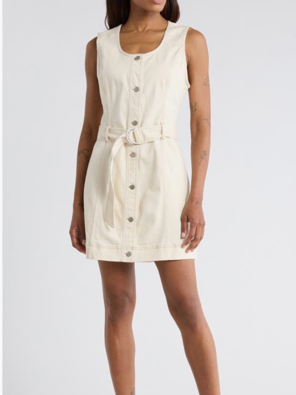 Habitual Sleeveless Belted Denim Mini Dress Stone Cream Size M Cotton Stretch